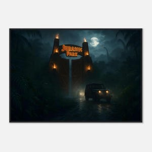 Framed – Jurassic Park Gates by Moonlight | Wooden Frame | Ready-to-Hang Dino Adventure Decor