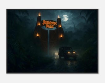 Framed – Jurassic Park Gates by Moonlight | Wooden Frame | Ready-to-Hang Dino Adventure Decor