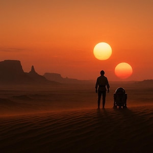 May include: A silhouette of a person and a droid stand on a desert planet, gazing at two suns setting in a fiery orange sky. The scene evokes a sense of adventure and the vastness of space. The landscape features rolling dunes and distant mesas.