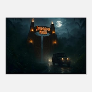 Canvas – Jurassic Park Gates by Moonlight | Dino Adventure Wall Art | Sci-Fi Movie Print