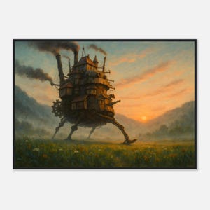 Incorniciato – Il castello errante di Howl all'alba / Stampa artistica fantasy da sogno / Decorazione murale anime