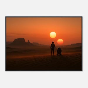 May include: A framed print depicts a desert landscape at sunset, featuring two suns. A silhouetted figure stands with a droid on a sand dune, with distant mountains in the background. The sky is a gradient of orange and yellow.