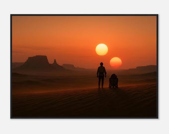 Framed – Tatooine Binary Sunset Wall Art | Wooden Frame | Luke & R2-D2 Star Wars Decor