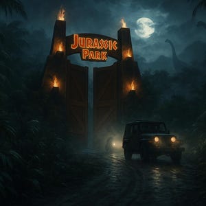 May include: A digital illustration depicting the Jurassic Park gate at night. The gate is illuminated by torches, with the words "Jurassic Park" displayed. A jeep is approaching the gate. Dinosaurs are visible in the background, under a full moon.