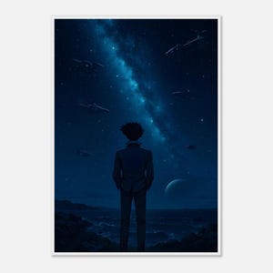 Arte mural espacial de Cowboy Bebop: póster de cielo estrellado de Spike Spiegel, decoración de anime de ciencia ficción enmarcada, lámina de melancolía galáctica nocturna.