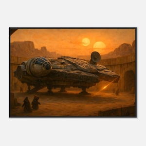May include: A detailed painting of the Millennium Falcon spacecraft on a desert planet. The artwork features the iconic ship with a detailed exterior, set against a backdrop of twin suns and a warm, orange sky. Figures are seen in the foreground.