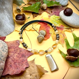Golden Earth Agate Pendant Necklace, Handmade Statement Jewelry, Natural Agate Beads with Gold Accents