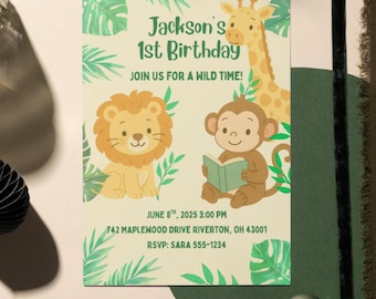 Jungle Birthday Invitation | Editable Canva Template | Safari 1st Birthday Invite | Printable Baby Animal Party | Wild One Invite