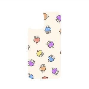 May include: A phone case with a cream background, patterned with cartoon cupcakes in various colours. The cupcakes have blue, yellow, purple, and orange frosting, with detailed outlines. A fun and colourful design.