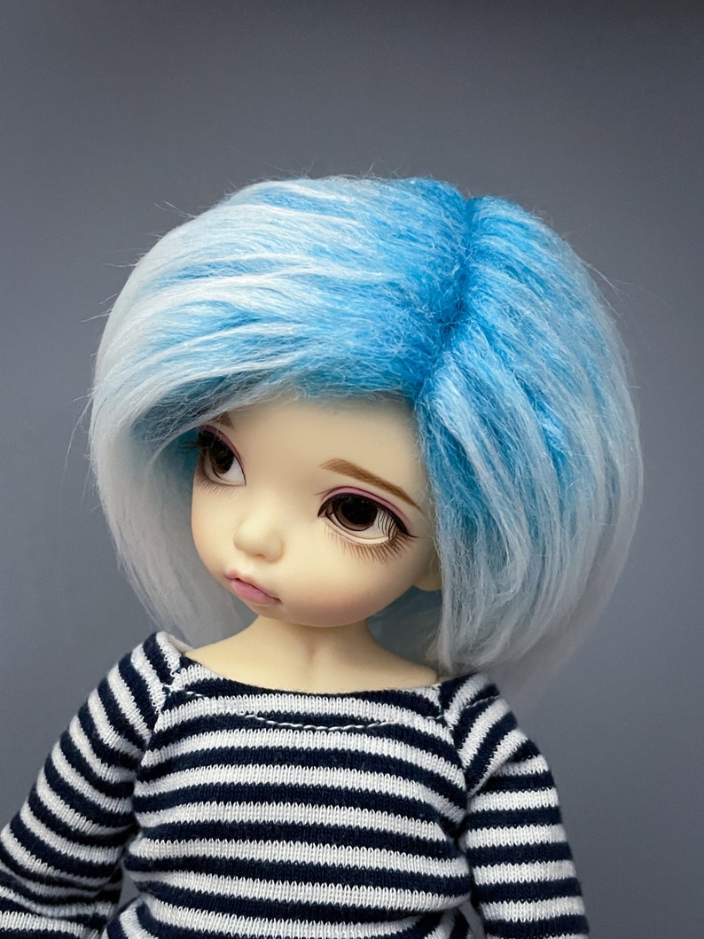 6/7 Aqua Blue to White Gradient Fur Wig 3 Long Fur Faux / Fake Fur LTF BJD Wig YoSD Wig Ball Jointed Doll Size 6-7 Wig image 2