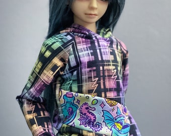 SD13 Boy Pastel Plaid & Sea Theme Hoodie | SD13 Rainbow Long Sleeve Sweatshirt | BJD Clothes | 60cm Doll Clothes | Ball Jointed Doll