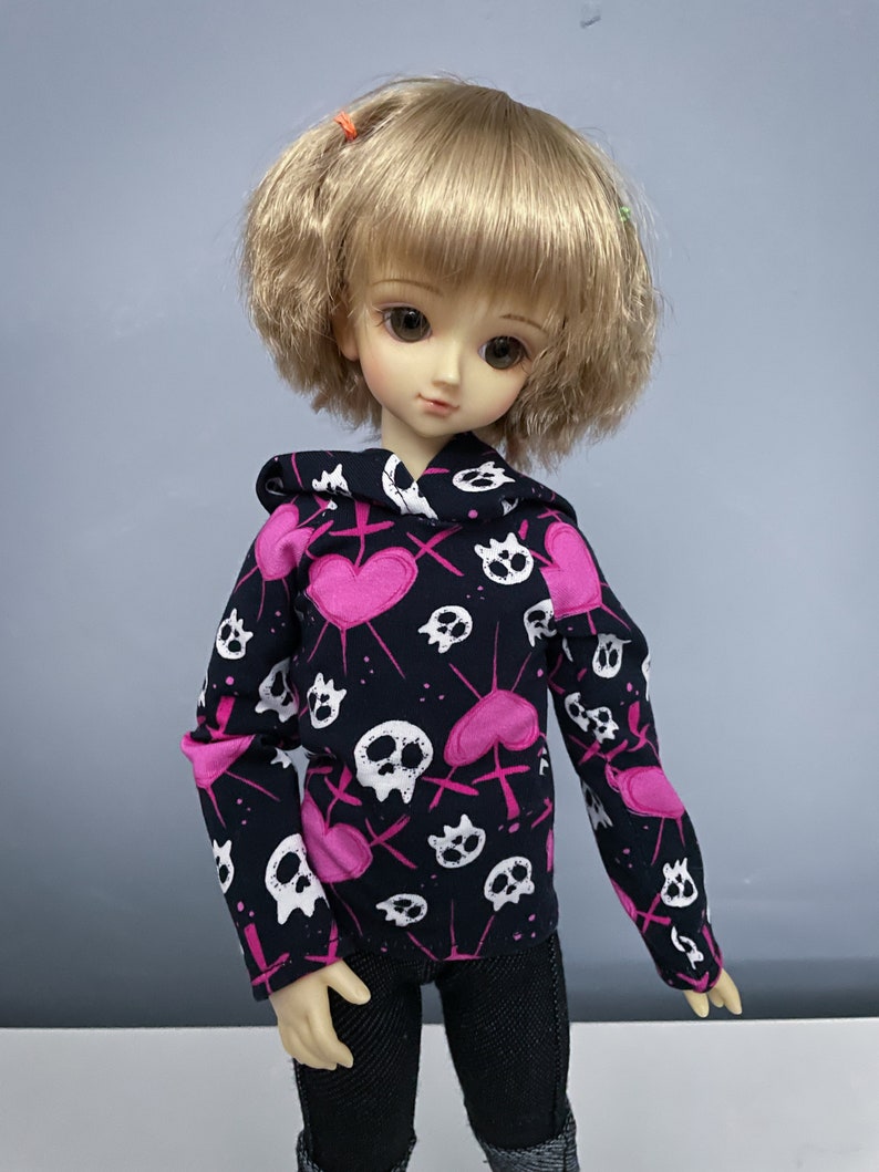 MSD Hoodie Long Sleeve Black & Pink Skulls and Hearts Shirt Ball Jointed Doll Clothes Mini Super Dollfie Kid Delf 1/4 BJD Clothes image 1