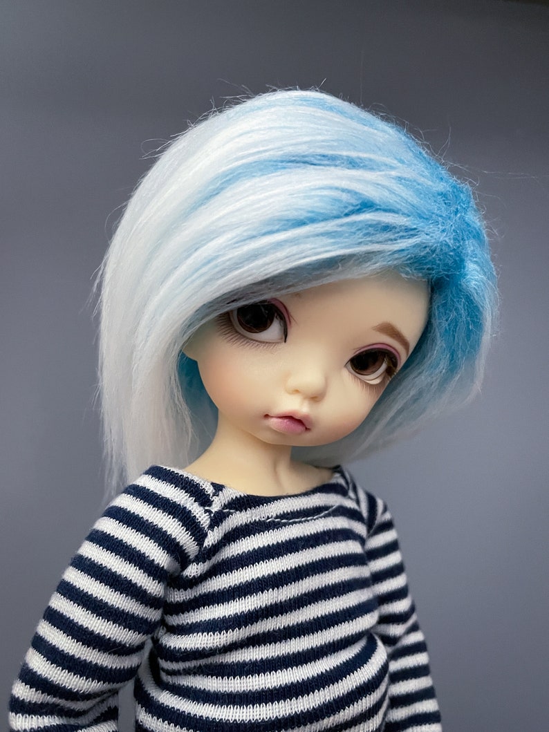 6/7 Aqua Blue to White Gradient Fur Wig 3 Long Fur Faux / Fake Fur LTF BJD Wig YoSD Wig Ball Jointed Doll Size 6-7 Wig image 1