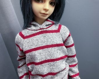 SD13 Boy Grey and Red Striped Hoodie | SD13 Long Sleeve Sweatshirt | BJD Clothes | 60cm Doll Clothes | Ball Jointed Doll