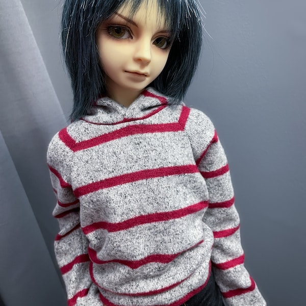 SD13 Boy Grey and Red Striped Hoodie | SD13 Long Sleeve Sweatshirt | BJD Clothes | 60cm Doll Clothes | Ball Jointed Doll