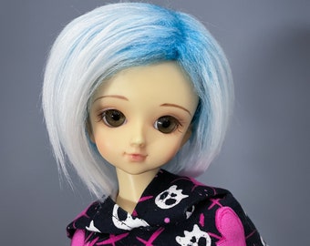 7/8 Aqua Blue & White Wig | BJD Wig | 3" Long Fur | Faux Fur Wig | Fake Fur Wig | MSD Wig | MNF Wig | Minifee Wig | Ball Jointed Doll Wig