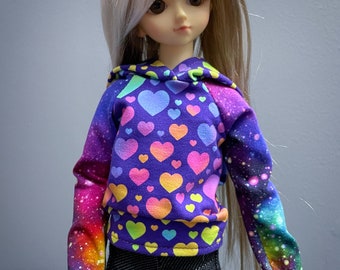MSD Hoodie | Long Sleeve Rainbow Hearts and Galaxy Shirt | Ball Jointed Doll Clothes | Mini Super Dollfie | Kid Delf | 1/4 BJD Clothes