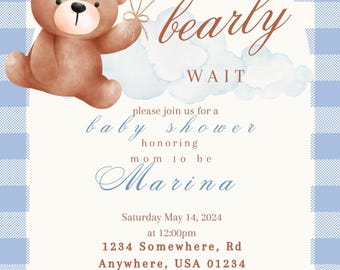 We Can Bearly Wait - Teddy Bear Themed Baby Shower Invitation for BABY BOY