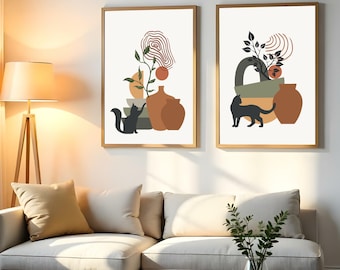 Set of 2, Boho Cat Wall Art, Printable Cat Art Print for Nursery, Abstract Black Cat Art, Minimalist Decor, Animal Boho Print, Catlover Gift