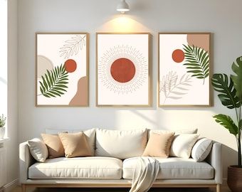 Boho Wall Art|Botanical Wall Art|Beige Burnt Orange Sun Print|Maximalist Wall Art|Quirky Home Decor|3 Piece Wall Art|Neutral Art Download