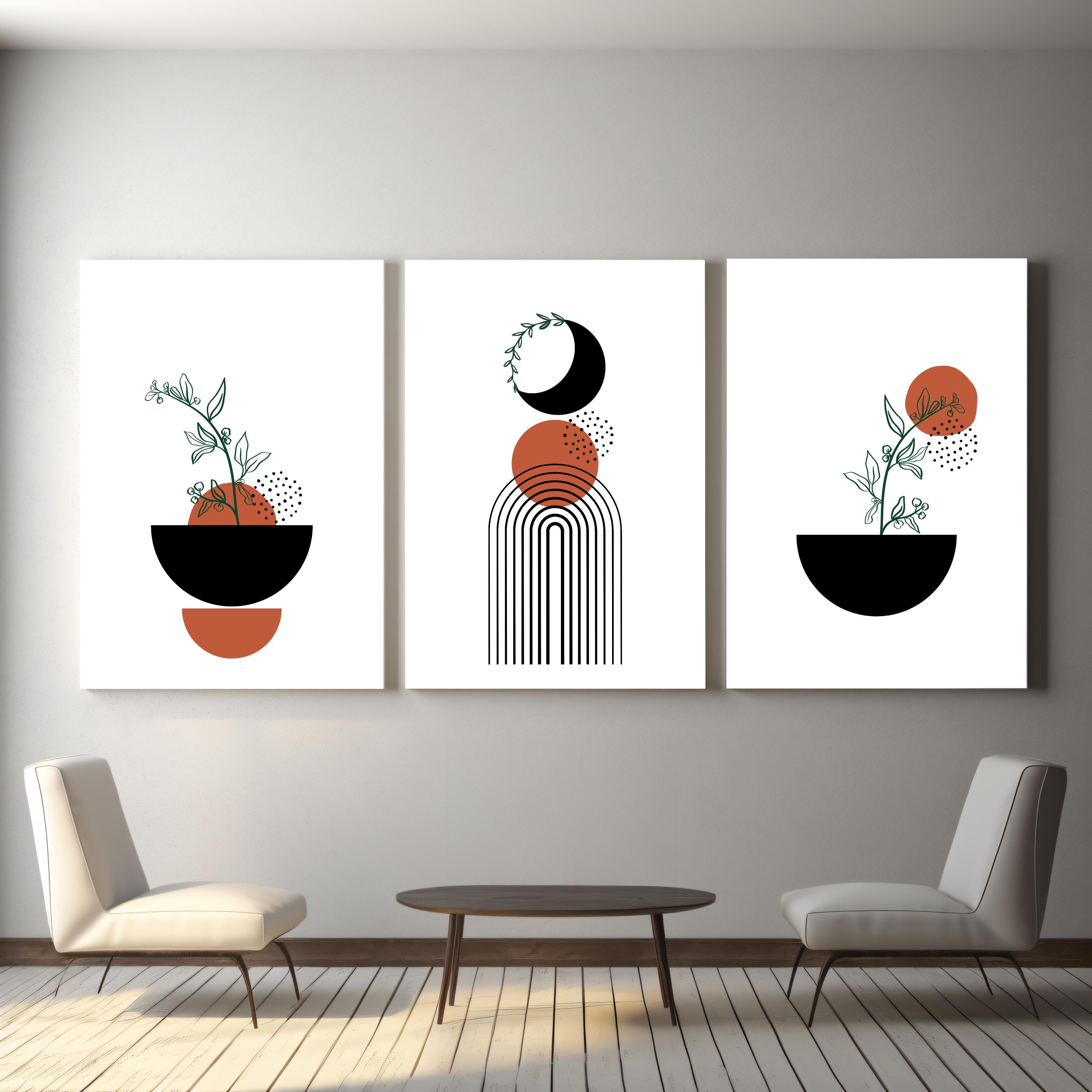 Boho Abstract 3 piece Wall Art, Botanical Wall Art, Mid Century Modern Home Decor, Black Boho Wall Prints, Neutral Orange Printable Line Art