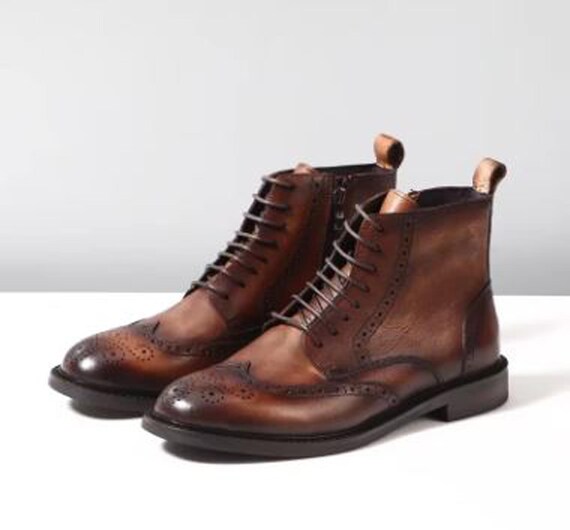 Handmade Brown Leather Chukka Boots: Wingtip Lace-up Ankle 