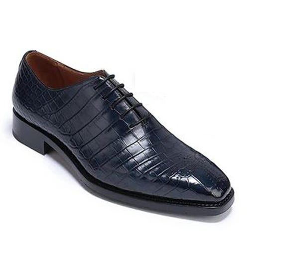 Handmade Navy Alligator Textured Leather Brogue Shoes: Whole  display picture 1