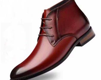 Handmade Burgundy Color Genuine Leather Half Ankle Stylish Lace Up Chukka Boots
