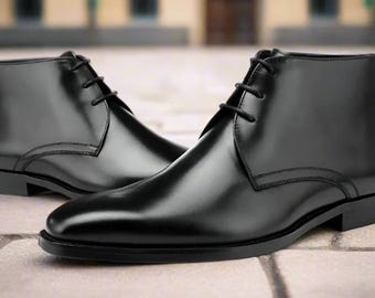 Botas Chukka con cordones hasta el tobillo, de piel auténtica, color negro, hechas a mano