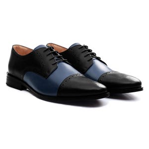 Handmade Blue, Black Color Genuine Calf Leather Stylish Cap Toe Brogue&#39;s Lace Up Oxfords Shoes