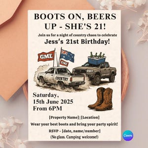 May include: A birthday party invitation with a cartoon illustration of two pickup trucks with flags that say "GME" and "COUNTRY". The text on the invitation reads "Boots On, Beers Up - She's 21!" and "Join us for a night of country chaos to celebrate Jess's 21st Birthday!" The invitation also includes the date and time of the party, the location, and an RSVP request.
