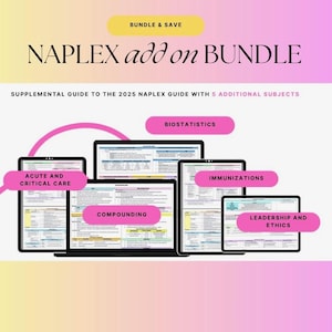 Peut inclure: Un ensemble numérique intitulé "NAPLEX add on BUNDLE" avec le texte "BUNDLE & SAVE". L'image montre plusieurs écrans affichant du matériel d'étude pour des sujets tels que les soins intensifs, la préparation et la biostatistique. Le fond est un dégradé de jaune et de rose.