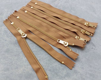NEW: 6inch - Chestnut Brown Metal Zipper - Gold Teeth - 5pcs