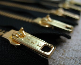 9inch - Black Metal Zipper - Gold Teeth - 5pcs