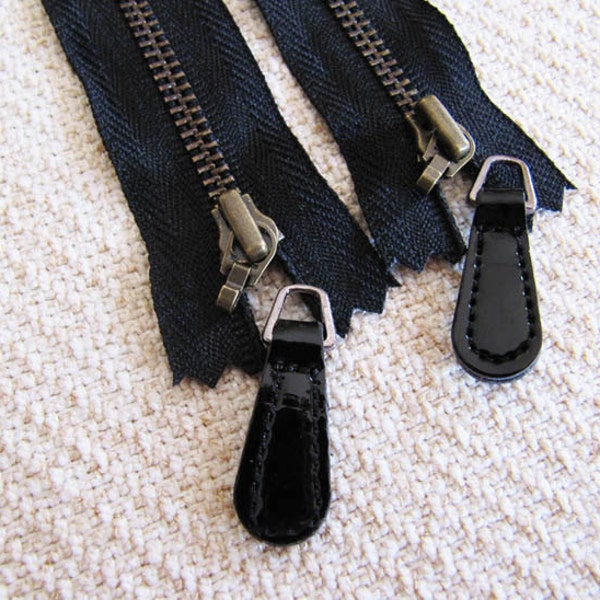 6.25inch - Black Metal Zipper with attachable Zipper Pull Tab - Brass Teeth - 2 set