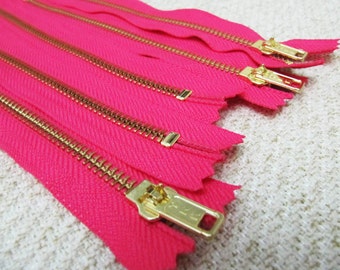7inch - Fuchsia Pink Metal Zipper - Gold Teeth - 5pcs