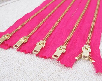 8inch - Fuchsia Pink Metal Zipper - Gold Teeth - 5pcs