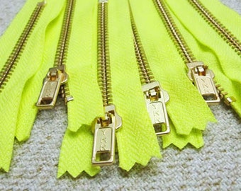 4inch - Neon Yellow Metal Zipper - Gold Teeth - 6pcs