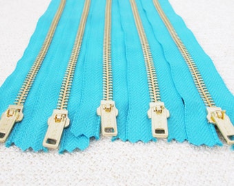 8inch - Turquoise Metal Zipper - Gold Teeth - 5pcs