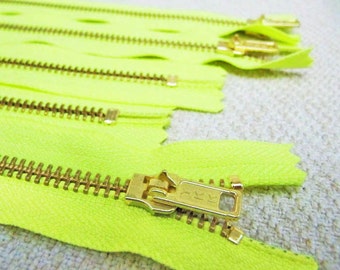 12inch - Neon Yellow Metal Zipper - Gold Teeth - 5pcs