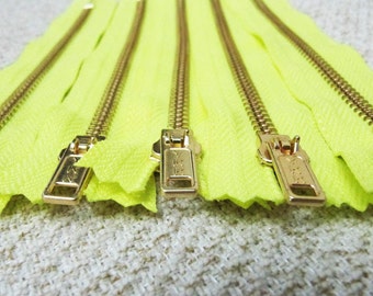 6inch - Neon Yellow Metal Zipper - Gold Teeth - 5pcs