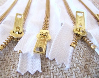 10inch - White Metal Zipper - Gold Teeth - 5pcs