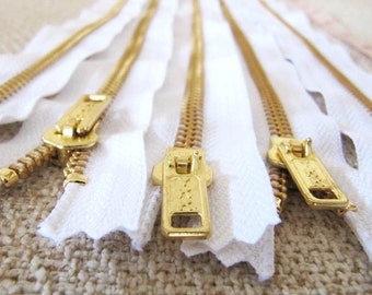 12inch - White Metal Zipper - Gold Teeth - 5pcs