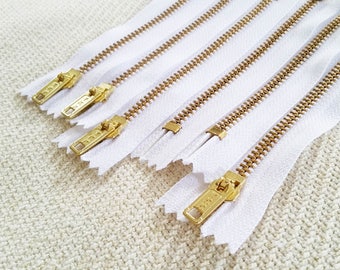 5inch - White Metal Zipper - Gold Teeth -6pcs