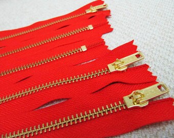 8inch - Hot Red Metal Zipper - Gold Teeth - 5pcs