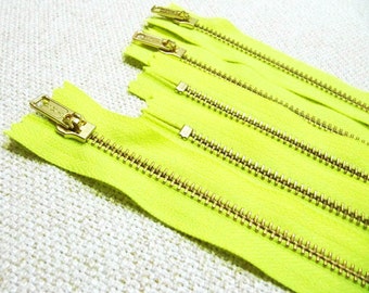 14inch - Neon Yellow Metal Zipper - Gold Teeth - 5pcs