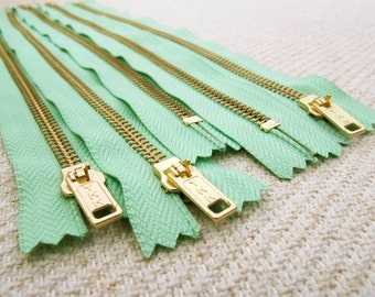 12inch - Mint Green Metal Zipper - Gold Teeth - 5pcs