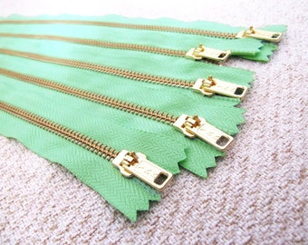 14inch - Mint Green Metal Zipper - Gold Teeth - 5pcs