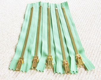 6inch - Mint Green Metal Zipper - Gold Teeth - 5pcs