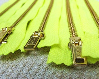 8inch - Neon Yellow Metal Zipper - Gold Teeth - 5pcs